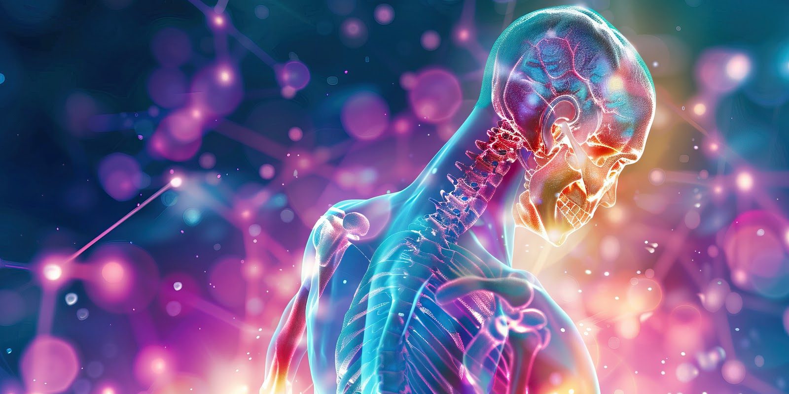 A translucent human figure with the spine, neck and shoulder glowing against a field of magenta and blue light — the chronic fatigue and myofascial pain that Nutrition 237 teaches chiropractors to trace to mitochondrial dysfunction and manage nutritionally