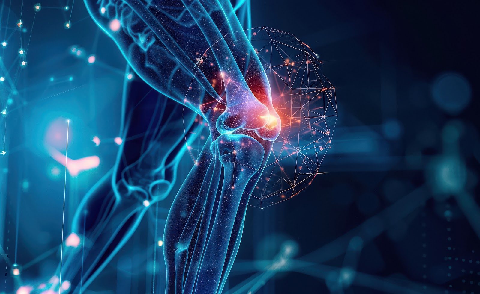 A glowing blue wireframe rendering of a leg with a red-orange point of pain at the knee joint — the joint pain and inflammation that Nutrition 243 teaches chiropractors to manage nutritionally across rheumatoid, gouty and osteoarthritis