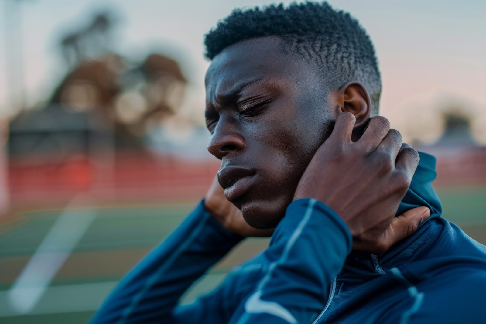 Young athlete in a blue training jacket grimacing and holding the back of his neck with both hands beside a running track — Orthopedics 205, cervical spine instability