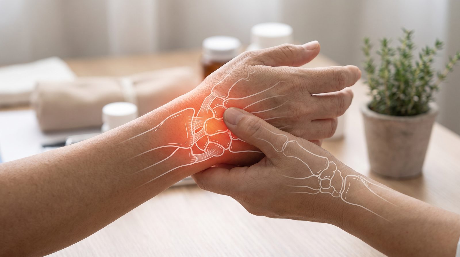 Patient holding a painful wrist with an illustrated overlay of the hand, wrist, and thumb bones — Athletic Injuries 201: Hand & Thumb online chiropractic sports medicine CE course