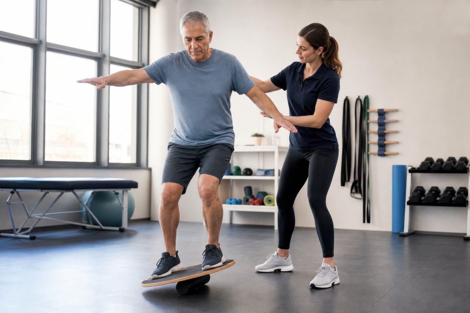 Older man balancing on a wooden wobble board during a physical therapy session while a physiotherapist supervises