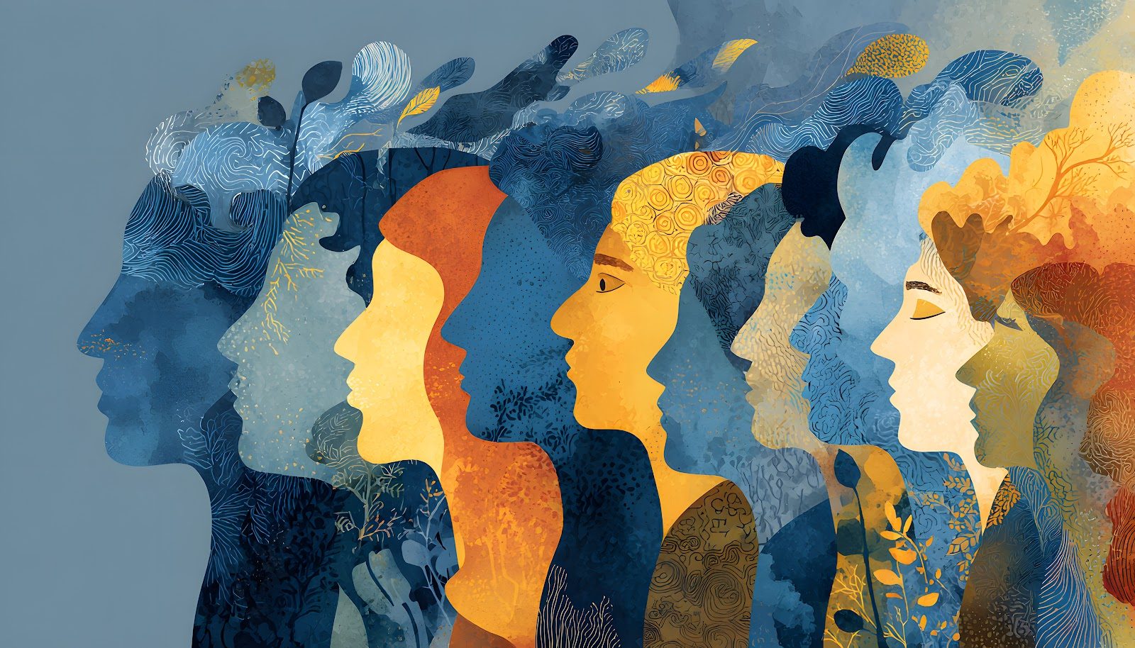 Layered watercolor illustration of human profiles in blue, gold, and orange with flowering botanical patterns growing from their minds — Emotional Health: The Biology of Resilience, live chiropractic CE webinar with Dr. Howard Benedikt, CCEDseminars