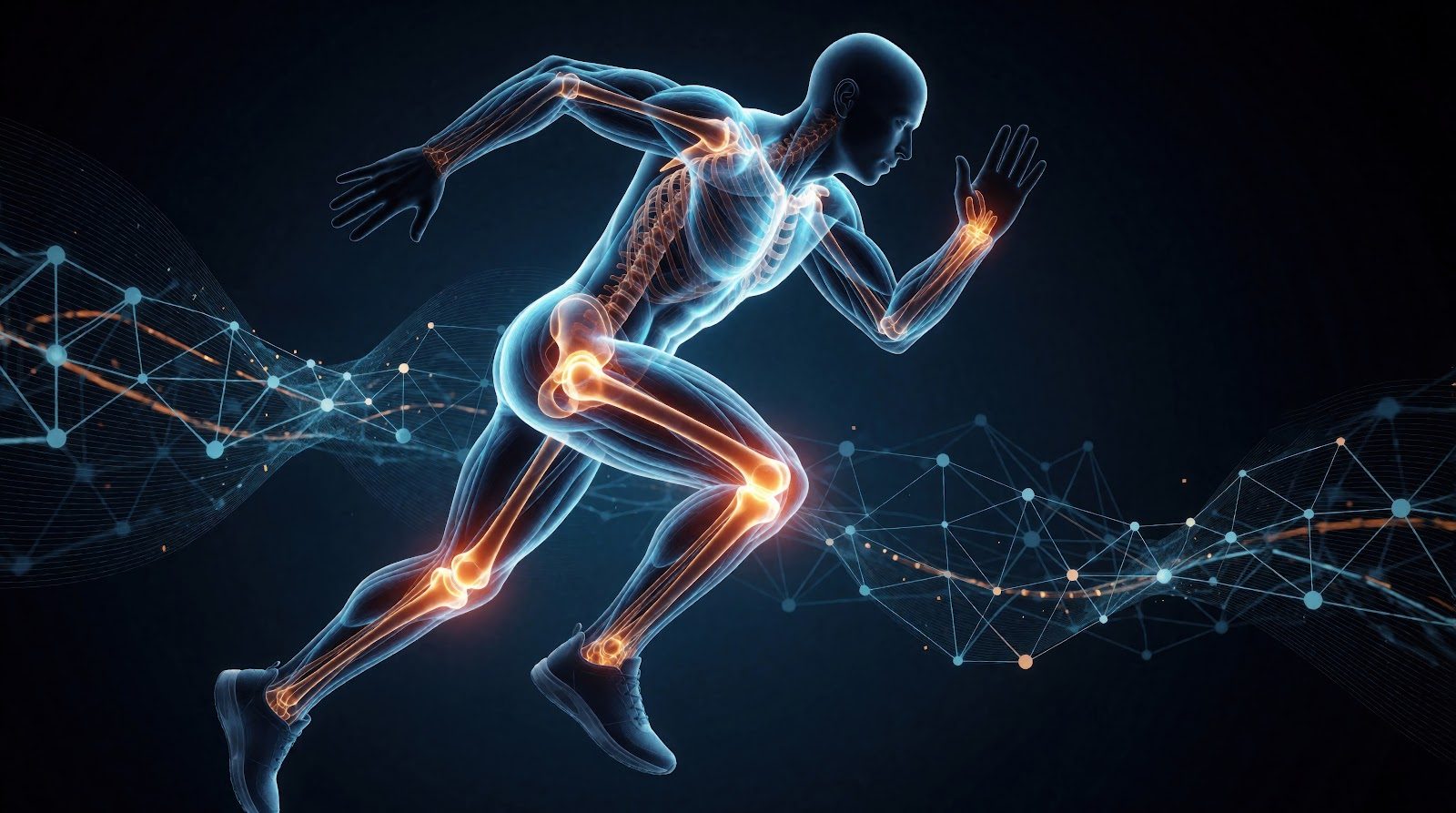 Scientific illustration of a sprinting skeletal figure with glowing knee and ankle joints and network connections