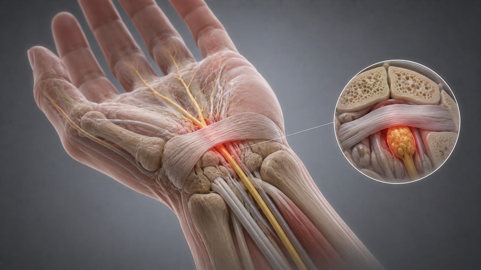Anatomical rendering of a hand and wrist with the nerve pathway highlighted in glowing lines