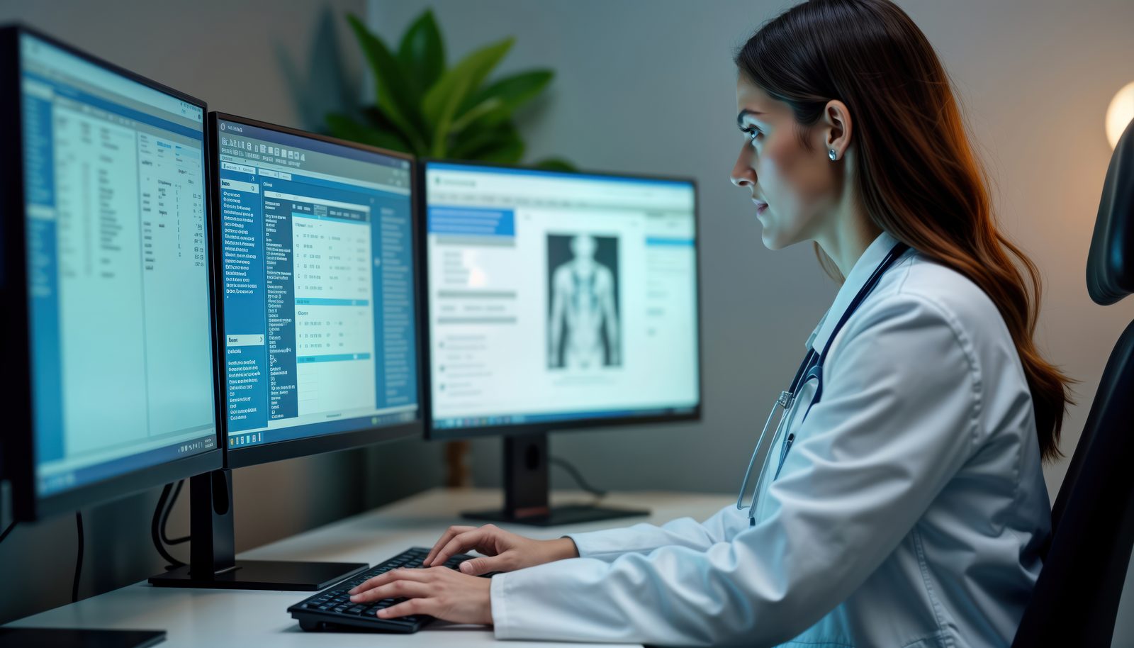 Clinician in a white coat with a stethoscope reviewing electronic health records and a skeletal imaging study across three monitors — Documentation & Risk: Audit-Ready Workflows live chiropractic CE webinar with Dr. Michael Hall, November 19, 2026, CCEDseminars