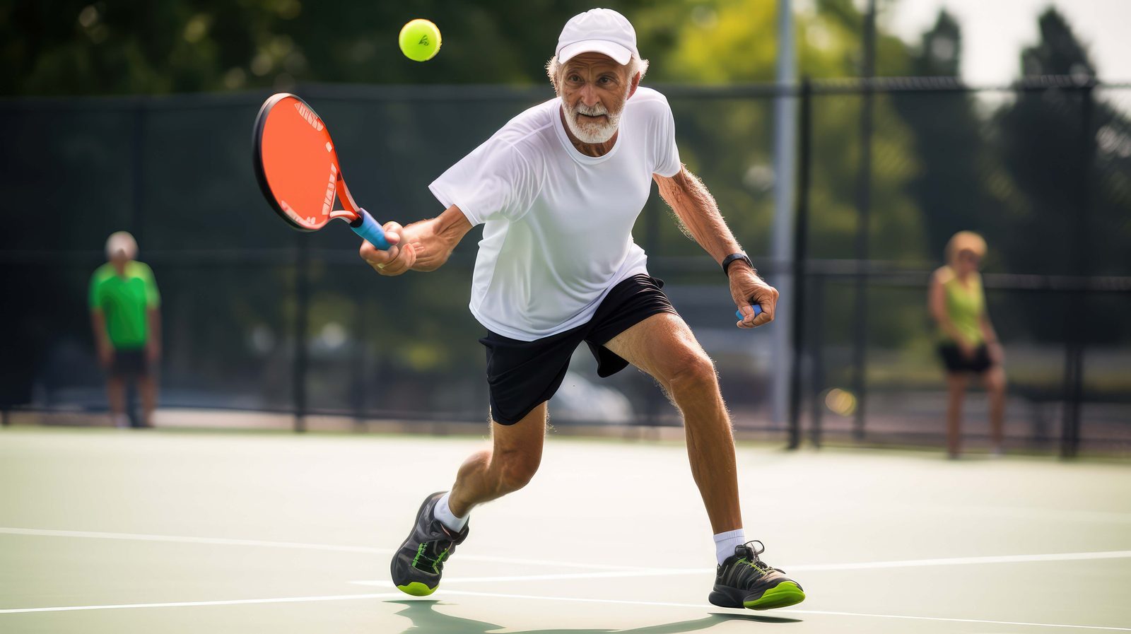 Senior recreational player lunging for a forehand on an outdoor court — Athletic Injuries 212: Racquet Sports Injuries online chiropractic sports medicine CE course