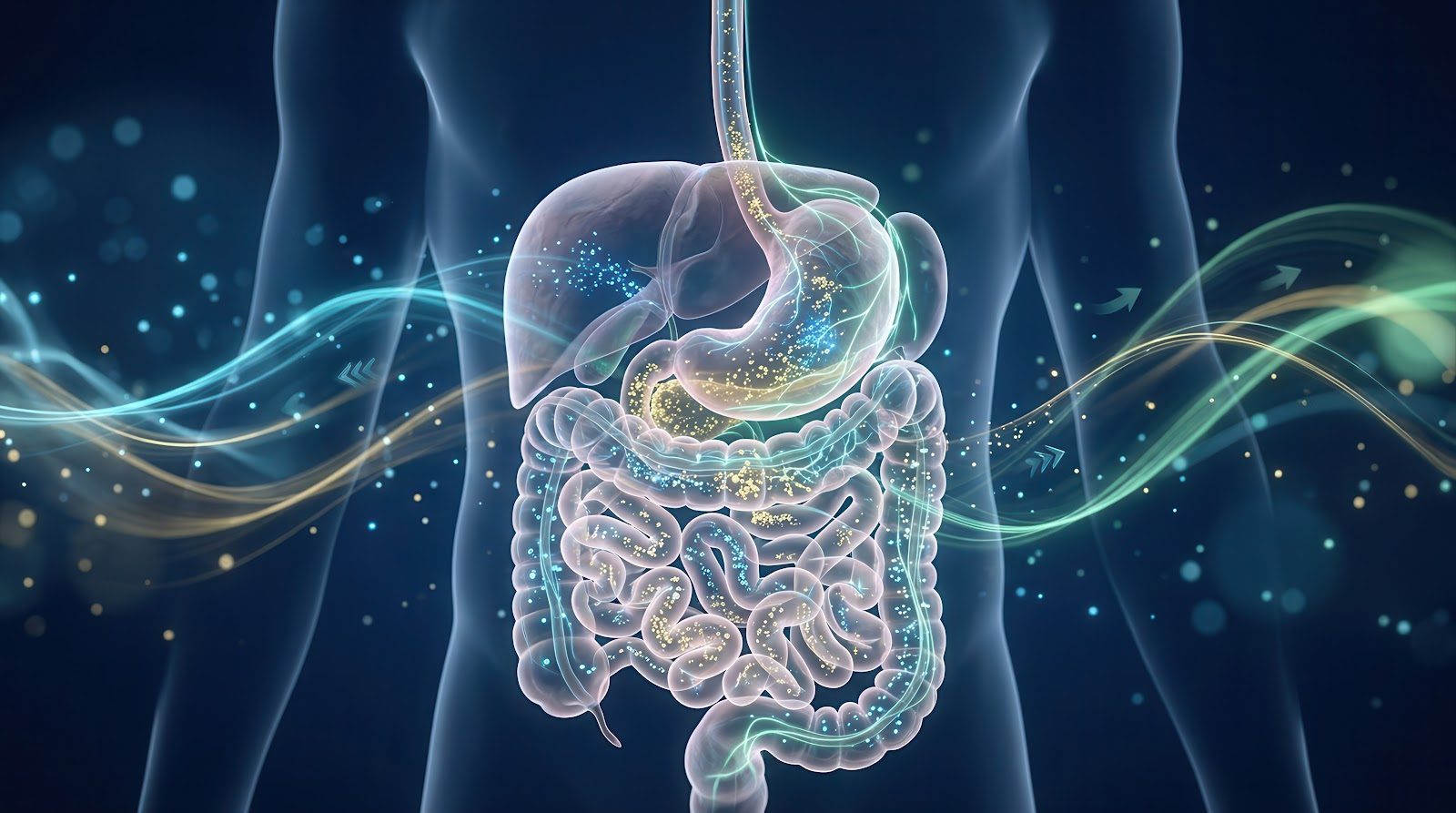 A glowing rendering of the digestive tract inside a translucent torso with streams of light flowing around it — the macronutrient and micronutrient digestion and absorption that Nutrition 248 teaches chiropractors to support with digestive enzymes