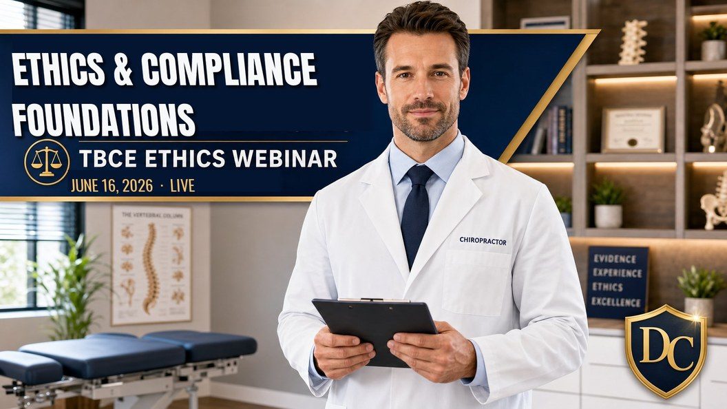 TBCE Ethics: Required Credit Hours — chiropractic ethics CE live webinar overview graphic, August 18, 2026