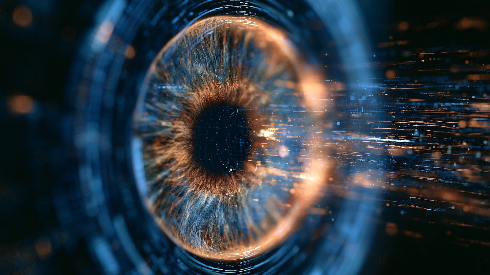 Extreme close-up of a human eye showing the iris and pupil in fine detail