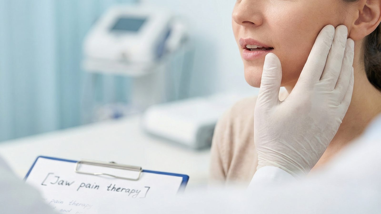 Gloved clinician palpating a seated patient’s jaw just in front of the ear, over the temporomandibular joint, with a jaw pain therapy chart in the foreground — Case Studies & Clinical Pearls 219: TMD.