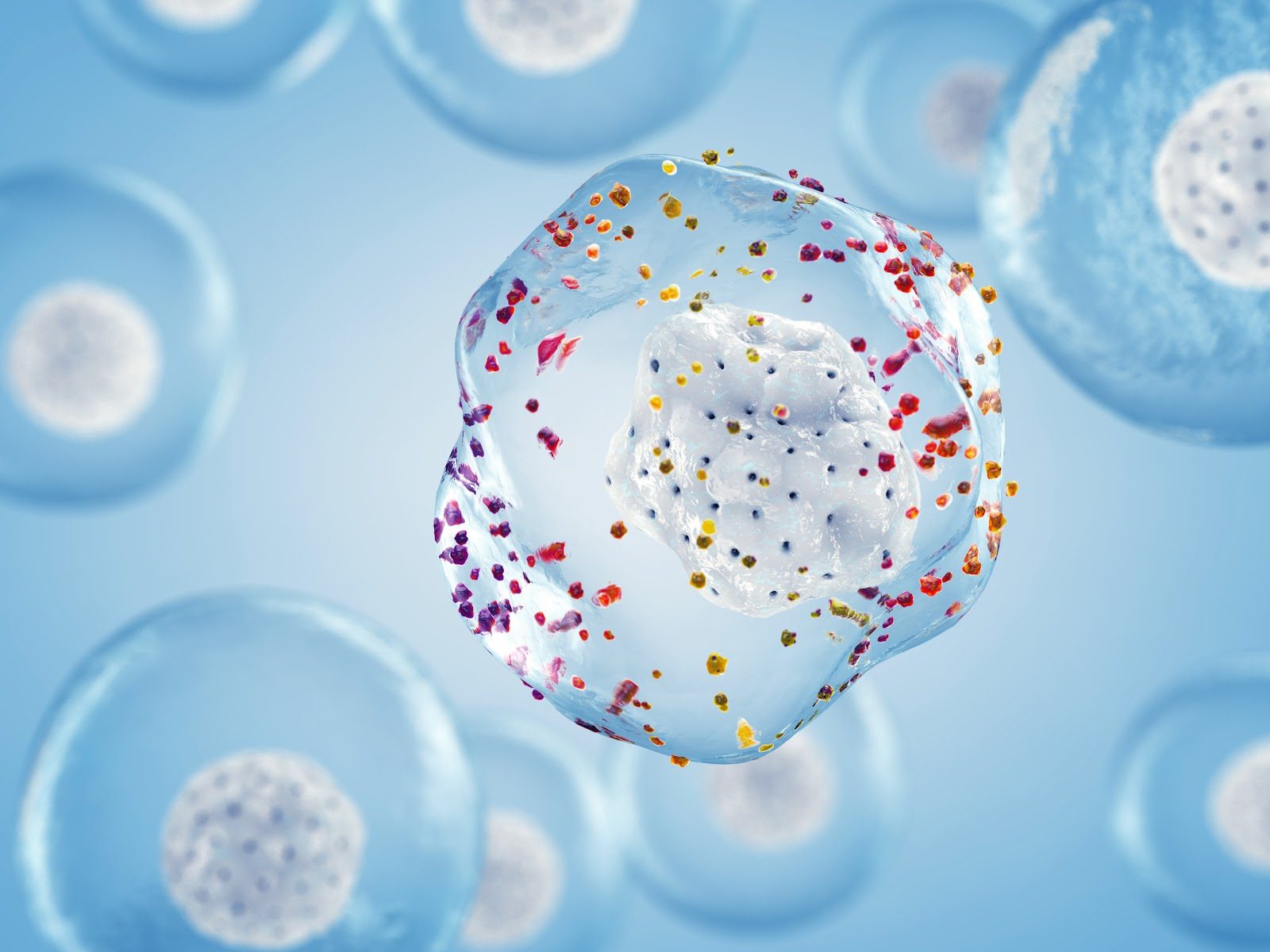 Translucent 3D cell filled with scattered colored particles floating among pale blue cells, illustrating oxidative stress at the cellular level