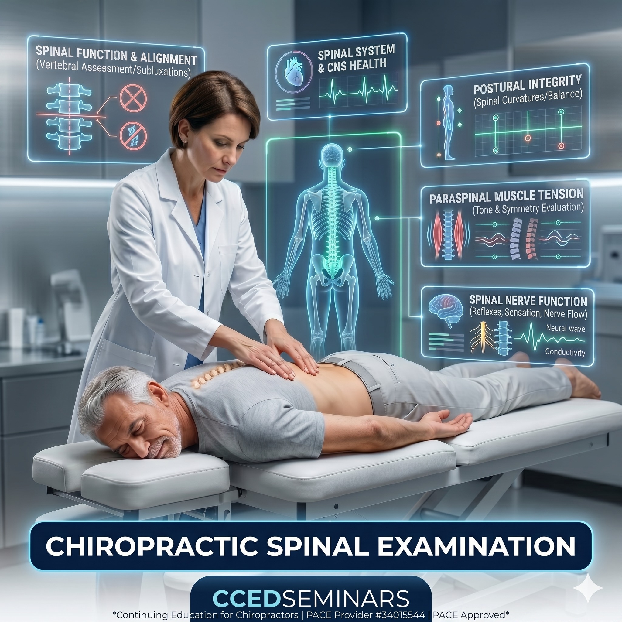 Chiropractic physical examination CE 5 pillars: spinal exam, extremity exam, orthopedic testing, neurological screening, documentation and clinical reasoning