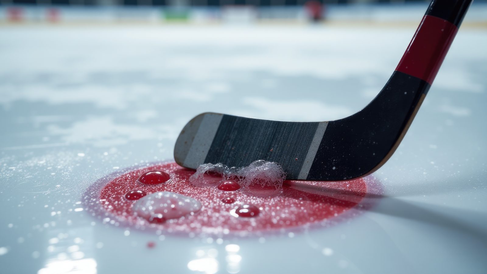 Hockey stick blade resting on rink ice beside droplets of blood on the face-off dot &mdash; Athletic Injuries 205: Hockey Injuries online chiropractic sports medicine CE course