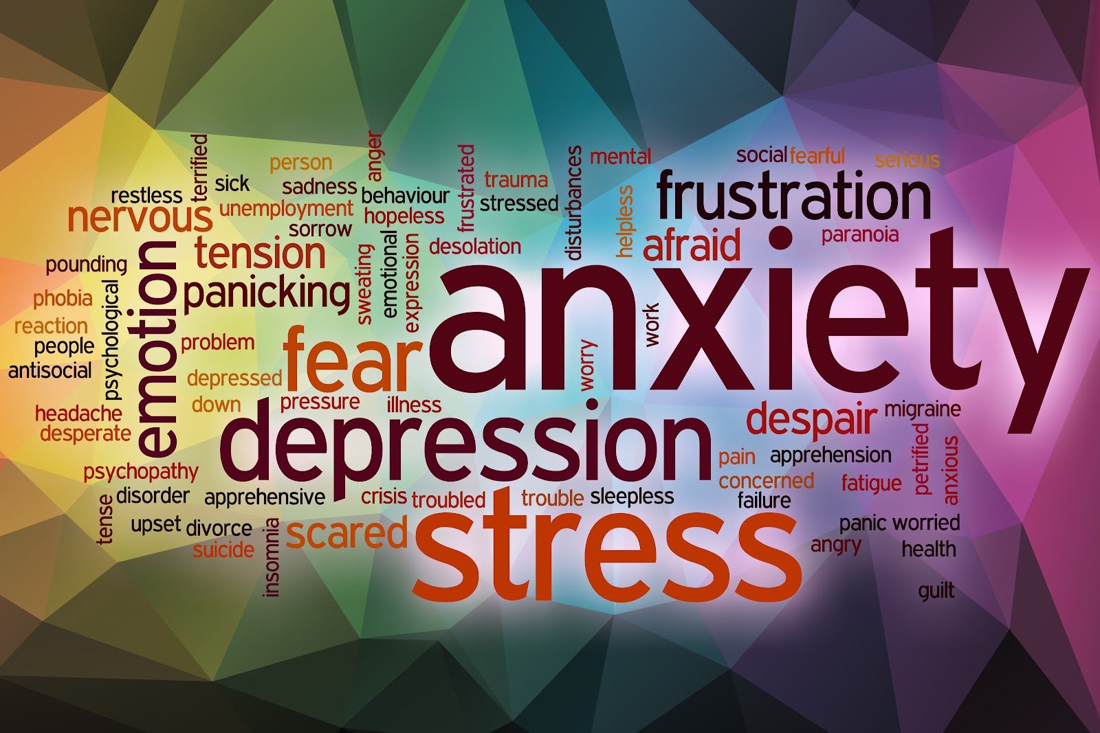 Word cloud on an abstract coloured background with the words anxiety, stress, depression, fear and frustration in large type