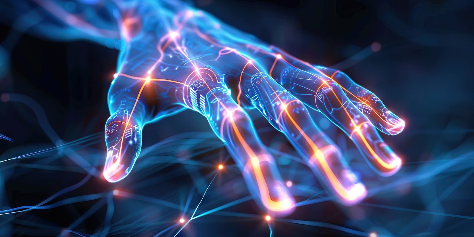 Blue holographic hand with glowing orange nerve pathways along the fingers, depicting peripheral neuropathy