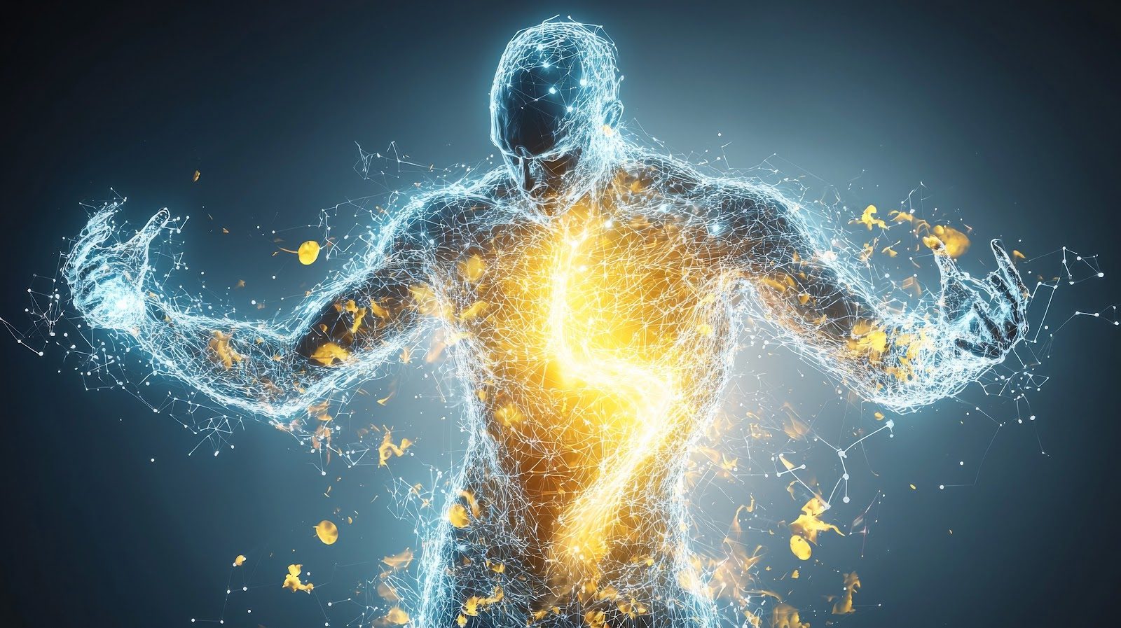 Glowing human figure with light radiating from the chest and energy particles scattering outward against a dark background — the cellular antioxidant defense and ROS signaling Nutrition 216 takes chiropractors into at the gene level