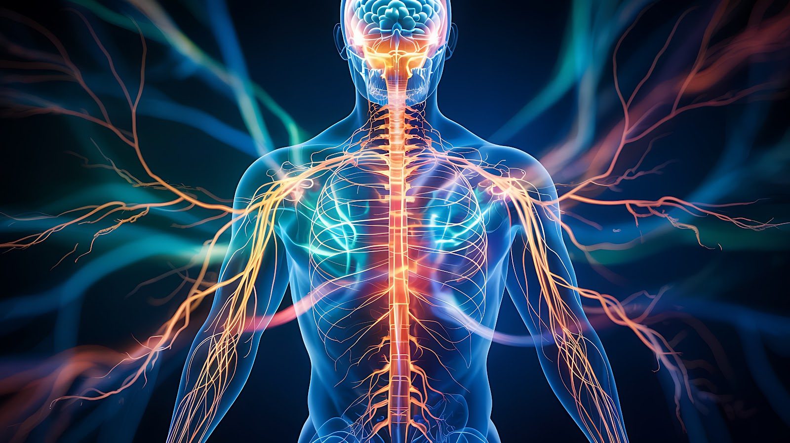 A translucent human torso with the brain, spinal cord and branching nerves glowing in blue and orange light — the nervous system that Nutrition 234 teaches chiropractors to optimize through diet, stress management and immune support