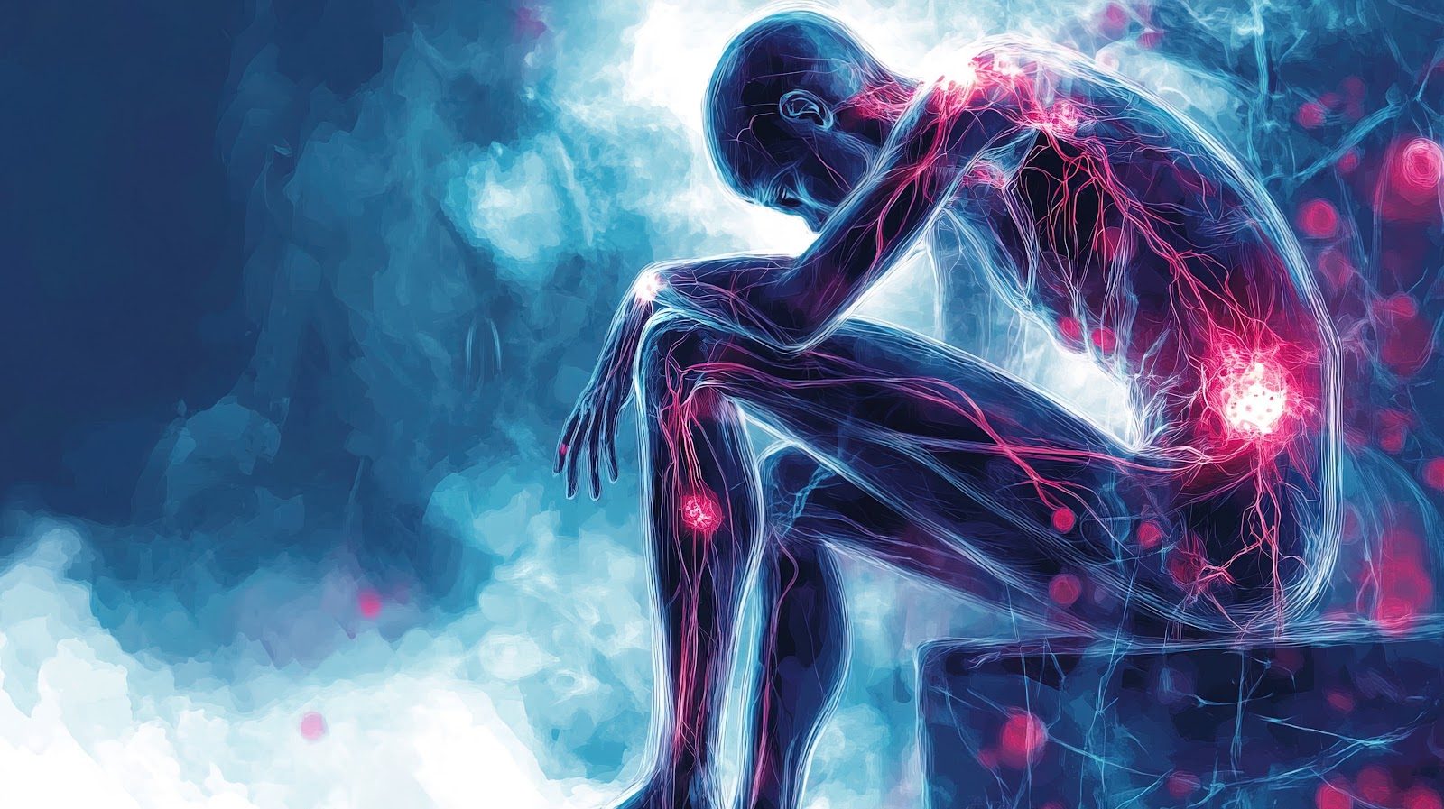 Illustration of a translucent human figure with glowing red nerve pathways along the arm and hand, depicting neuropathy
