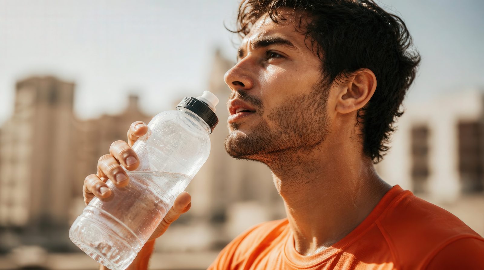 Sweat-covered athlete in an orange shirt drinking from a water bottle under harsh summer sun &mdash; Athletic Injuries 213: Dehydration & Heat Illness online chiropractic sports medicine CE course