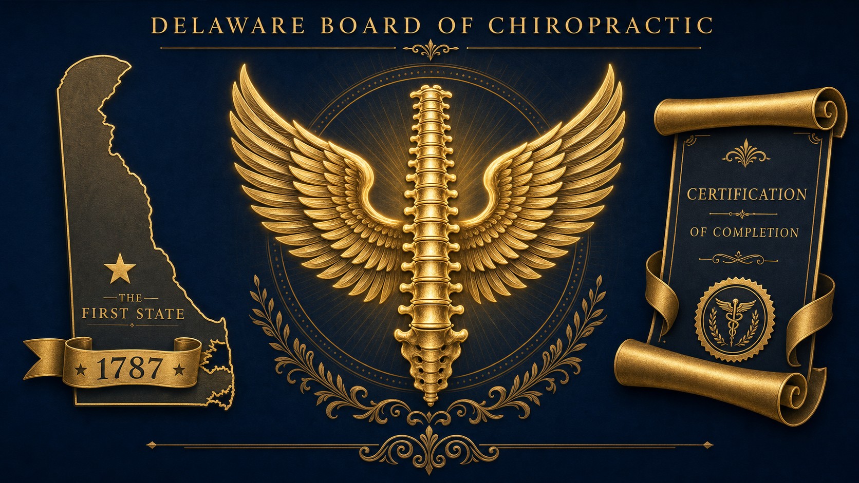 Delaware Board of Chiropractic continuing education hero graphic showing Delaware state outline with The First State 1787 banner, golden chiropractic winged spine insignia, and certified chiropractic continuing education scroll on deep navy background
