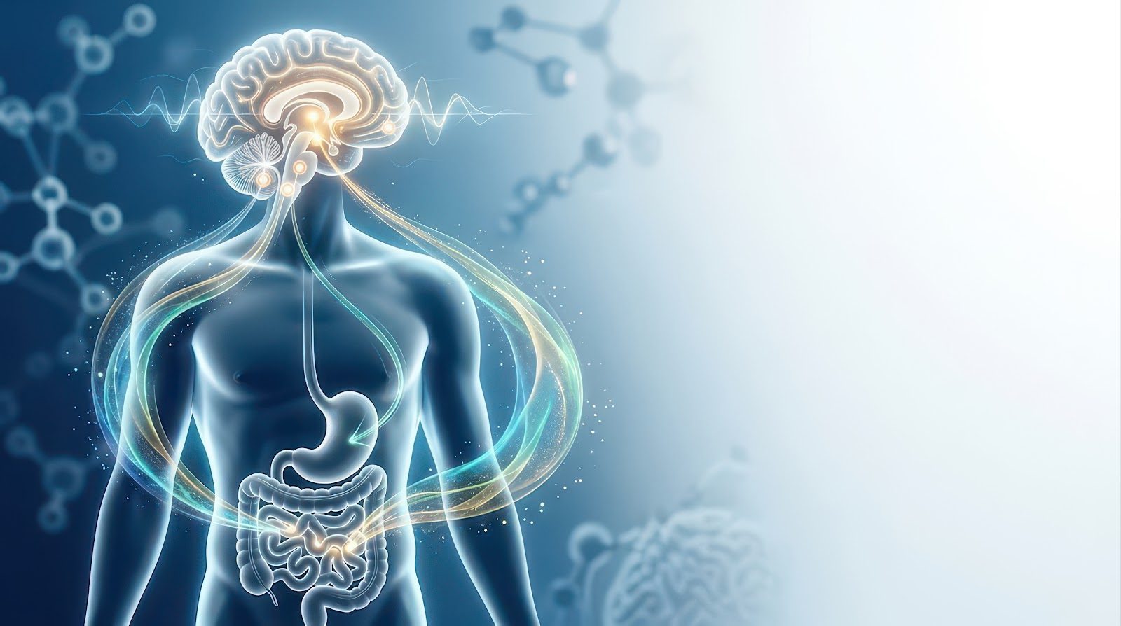 Translucent human figure with a glowing brain and gut linked by rings of light, surrounded by molecular structures — the metabolic signaling between food and the brain that Nutrition 212 teaches chiropractors at an advanced level