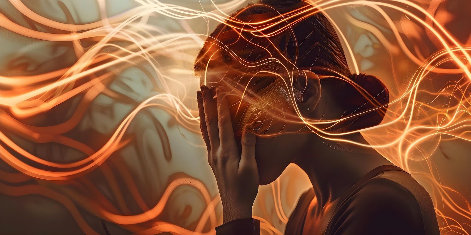 A woman clutching her head with both hands amid swirling orange and amber streaks of light — the maladaptive stress response and HPA-axis dysfunction that Nutrition 242 teaches chiropractors to evaluate and manage nutritionally