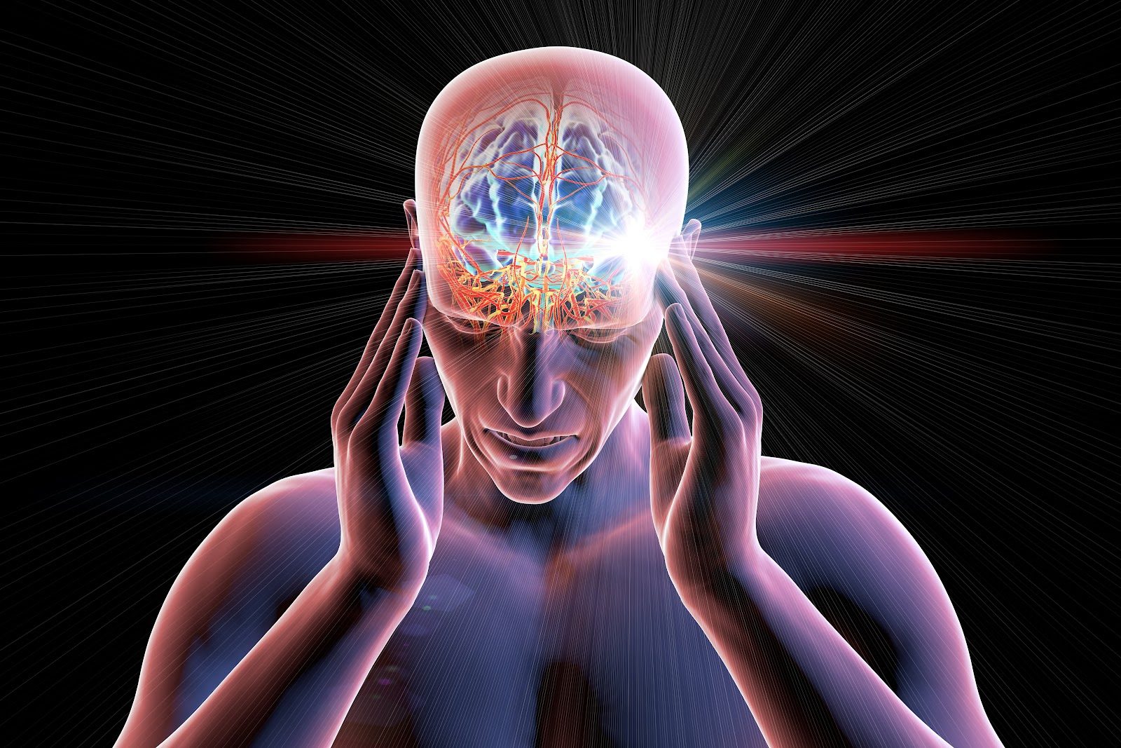 3D illustration of a man pressing both hands to his temples with the brain glowing through a translucent skull — the headache patient Nutrition 203 teaches chiropractors to manage with nutritional and herbal strategies