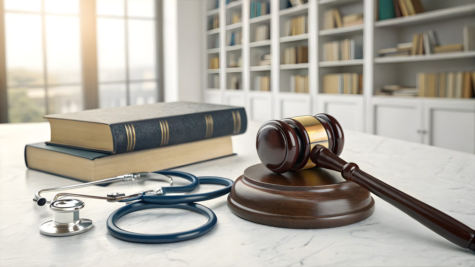 Law books, a wooden gavel on its sounding block, and a stethoscope on a marble desk in a bright library — TBCE Ethics live chiropractic CE webinar with Dr. Michael Hall, December 15, 2026, CCEDseminars