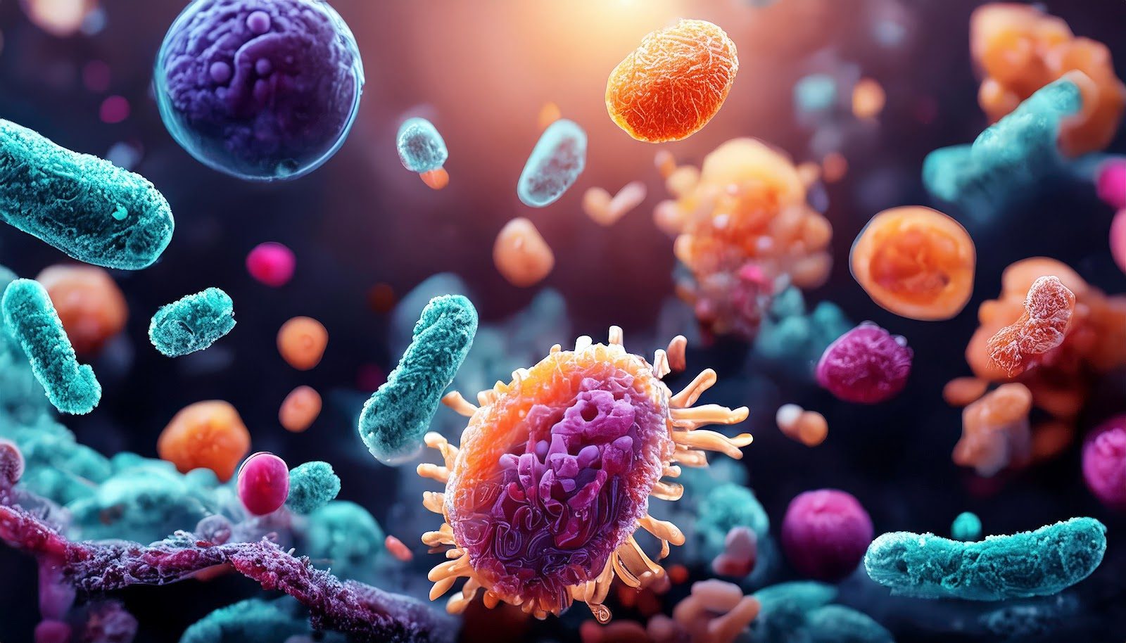 Colorful 3D illustration of a diverse microbial community — rod-shaped bacteria, spiked viruses and round fungal cells in teal, orange and purple — the gut microbiome whose influence on joints and bone Nutrition 207 teaches chiropractors to manage