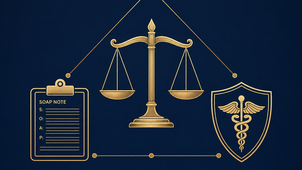 Stylized balance-scale icon in gold linework over a deep navy background, paired with a clipboard and shield silhouette evoking documentation and license protection — visual summary of the TBCE Rule §73.1 ethics and audit-ready compliance framework taught in the CCEDseminars Chiropractic Ethics & Compliance Foundations live webinar