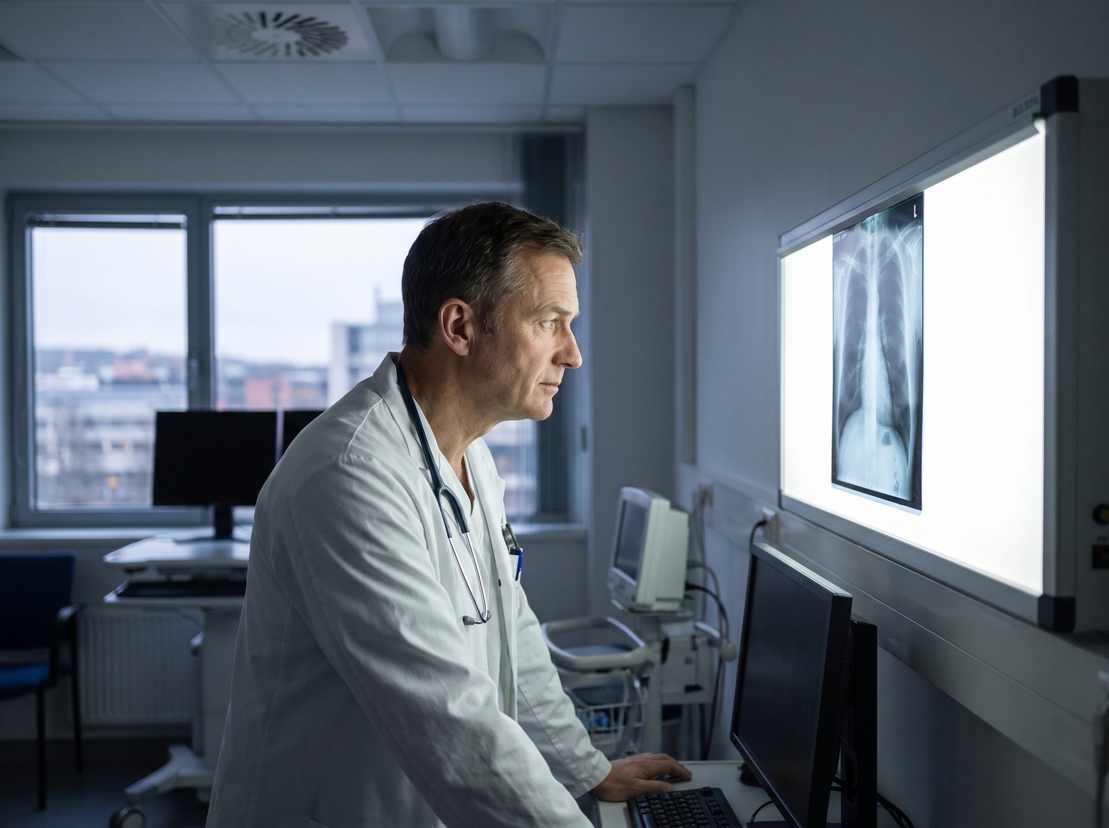 Physician in a white coat reviewing a chest X-ray on a lightbox in a clinical reading room, the rib cage and thoracic spine clearly visible on the film — Case Studies & Clinical Pearls 210-A: The Thorax II Part I, online chiropractic CE course on rib versus disc differentiation and visceral red flags