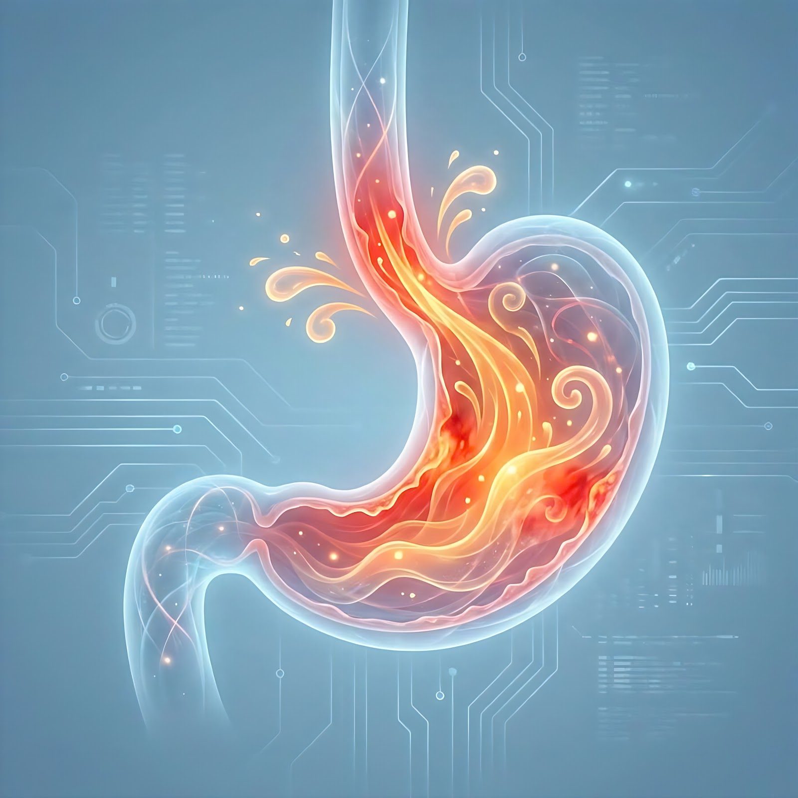 Stylised medical illustration of a human stomach rendered in translucent blue with swirling orange and red currents inside, set against a pale blue circuit-board background