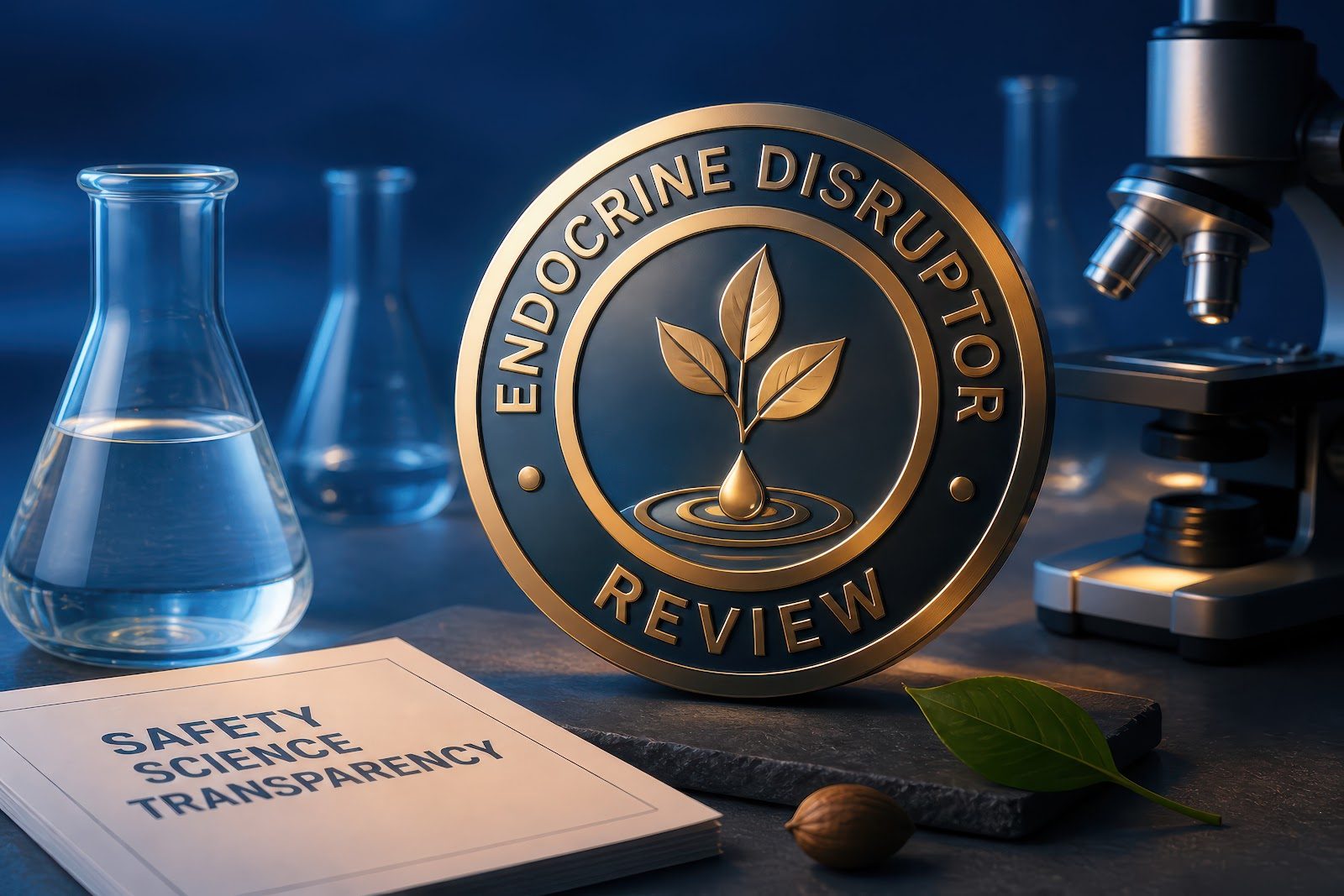 A gold seal reading Endocrine Disruptor Review with a plant emblem, set beside laboratory glassware, a microscope and a document on safety and science — the environmental toxin review Nutrition 217 gives chiropractors for the hormonal patient