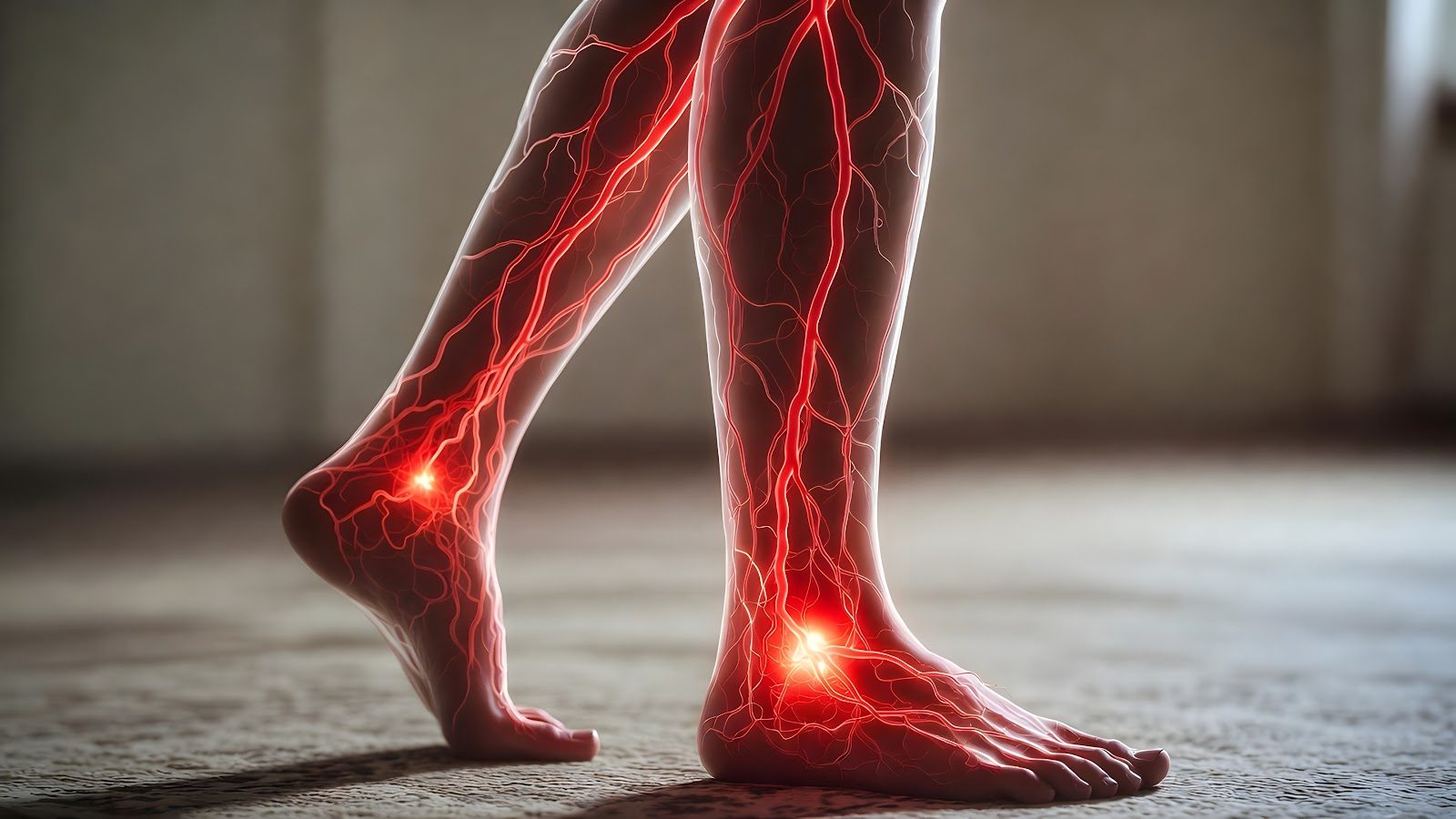 Photograph of a patient’s bare lower legs and feet with the peripheral nerves glowing red down the calf and into the foot — the neuropathic pain pattern Nutrition 206 teaches chiropractors to manage with nutritional and natural therapies