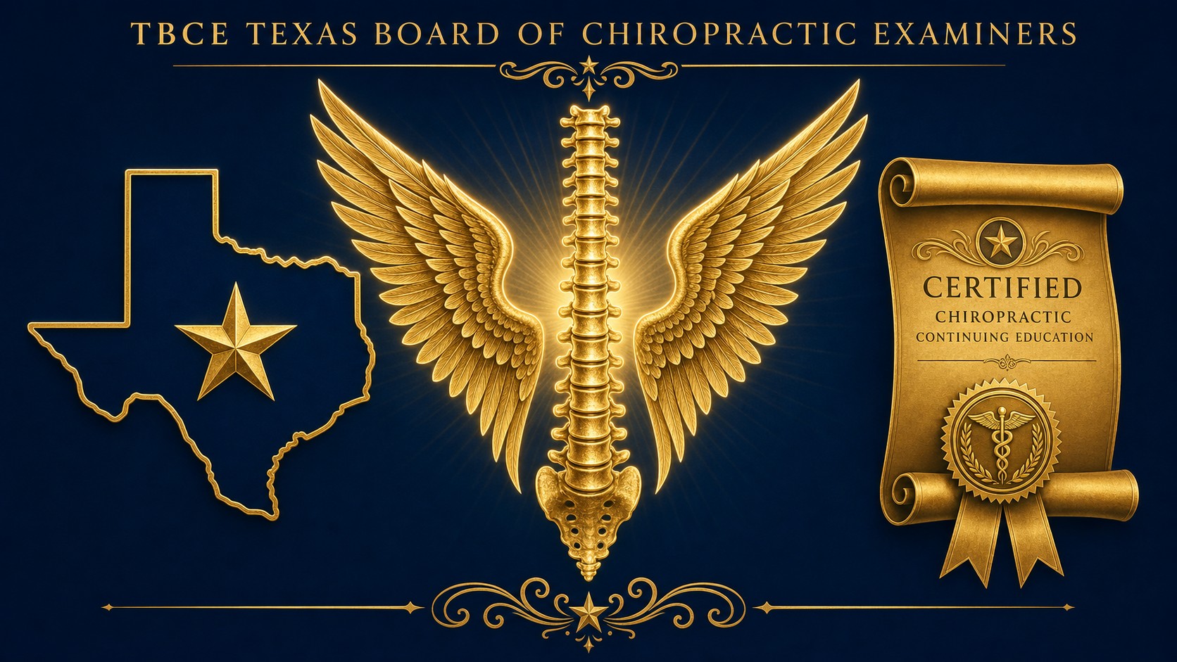 Texas TBCE chiropractic continuing education hero graphic showing Lone Star State of Texas with star, golden chiropractic winged spine insignia, and certified chiropractic continuing education scroll on deep navy background