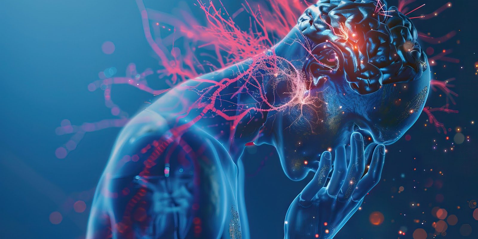 Digital anatomical illustration of a human figure in blue, head bowed with one hand raised toward the face, red nerve pathways radiating from the head and neck through the shoulder to indicate pain signalling