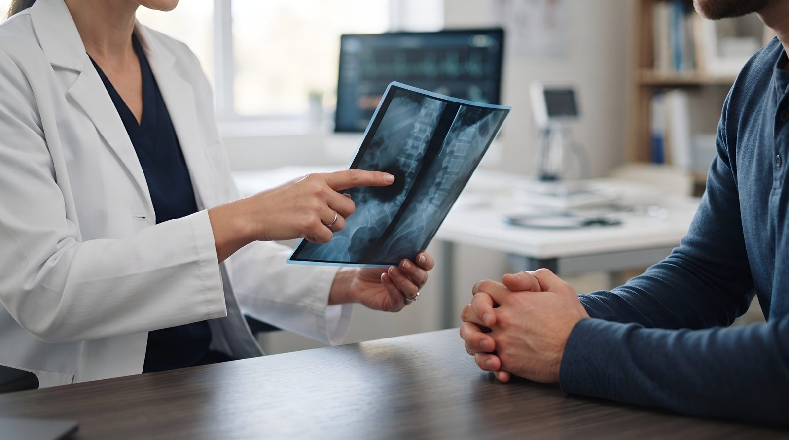 Clinician in a white coat holding a lumbar spine and pelvis radiograph and pointing to the lower lumbar vertebrae while a seated patient listens with hands clasped — the lumbar spine and sacroiliac joint examination, the subject of Physical Examination 208: Lumbar Spine & Sacroiliac Joints, a two-hour chiropractic CE course from CCEDseminars