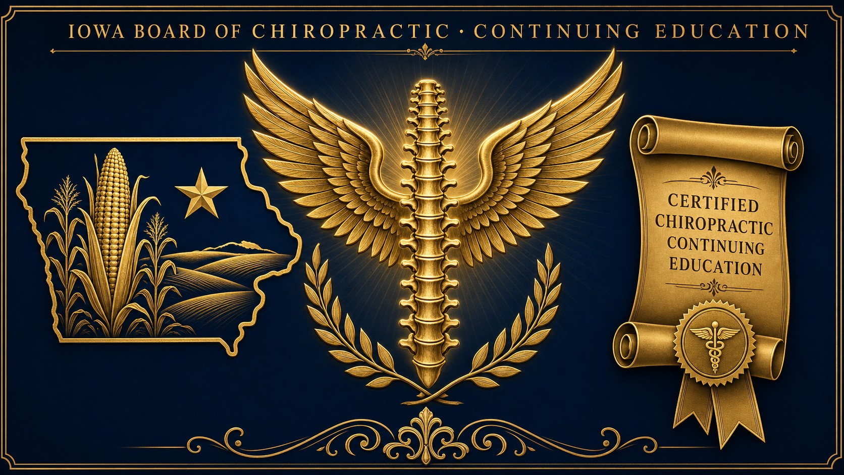 Iowa Board of Chiropractic continuing education hero graphic showing Iowa state outline with corn stalks and rolling prairie, golden chiropractic winged spine insignia, and certified chiropractic continuing education scroll on deep navy background