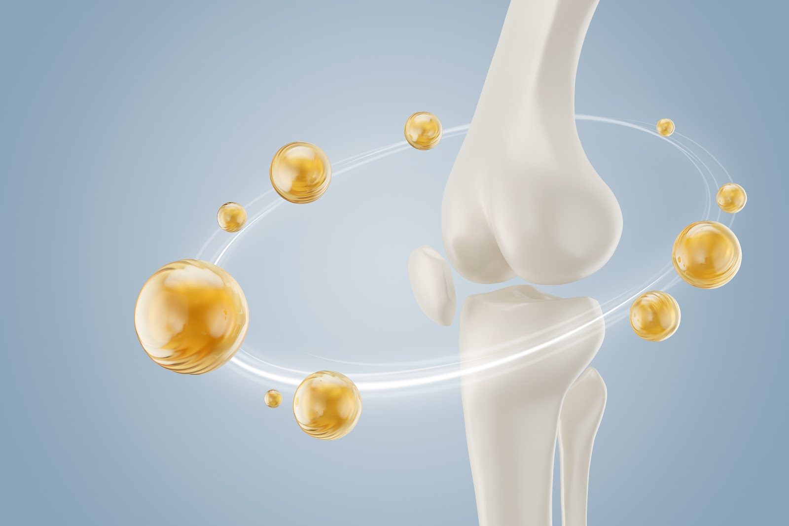 3D illustration of a human bone surrounded by calcium- and collagen-rich foods on a soft blue background