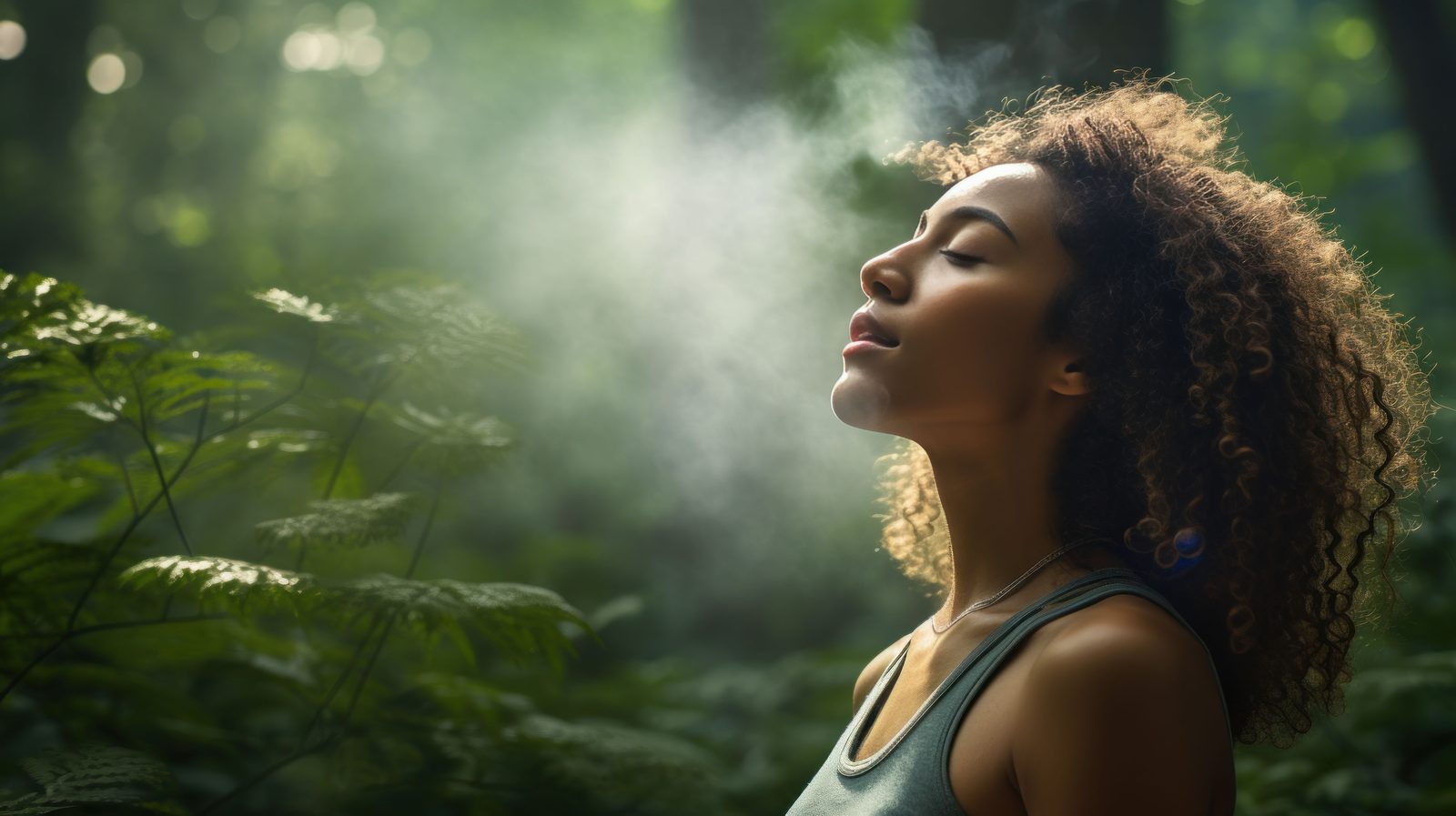 Woman breathing deeply with eyes closed in a sunlit green forest, mist rising in the air — Orthopedics 224: Breathe & Mouth Breathing, a 2-hour chiropractic CE course
