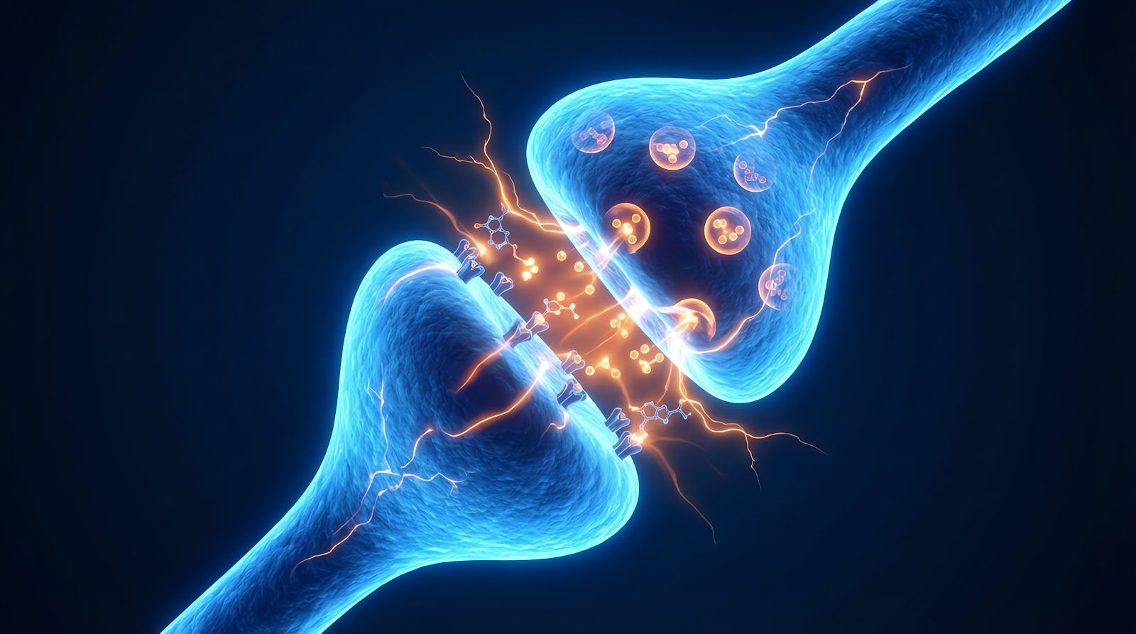 Stylised illustration of a synapse with glowing blue neurons and neurotransmitter particles crossing the gap