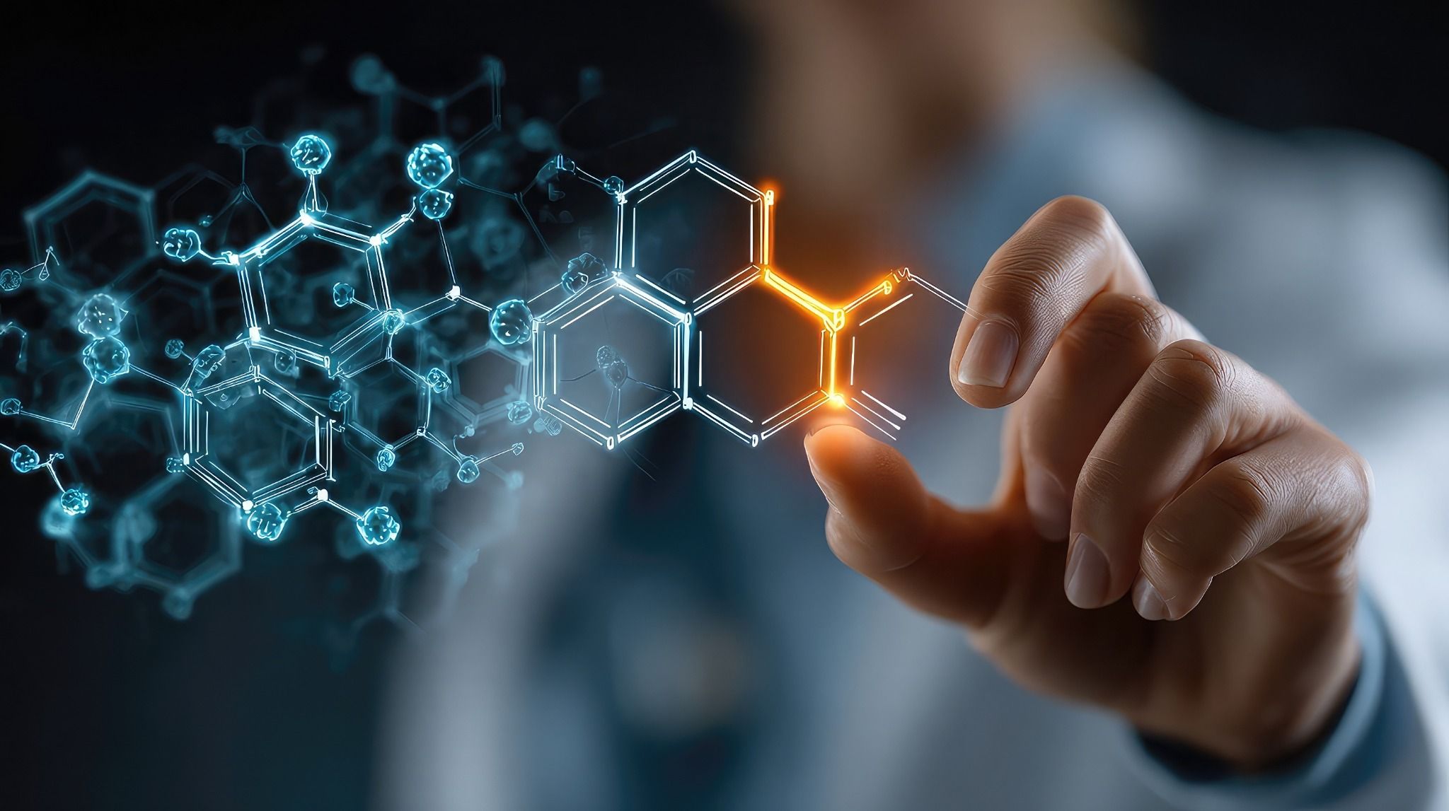Doctor interacting with virtual molecular structure representing innovation in medicine