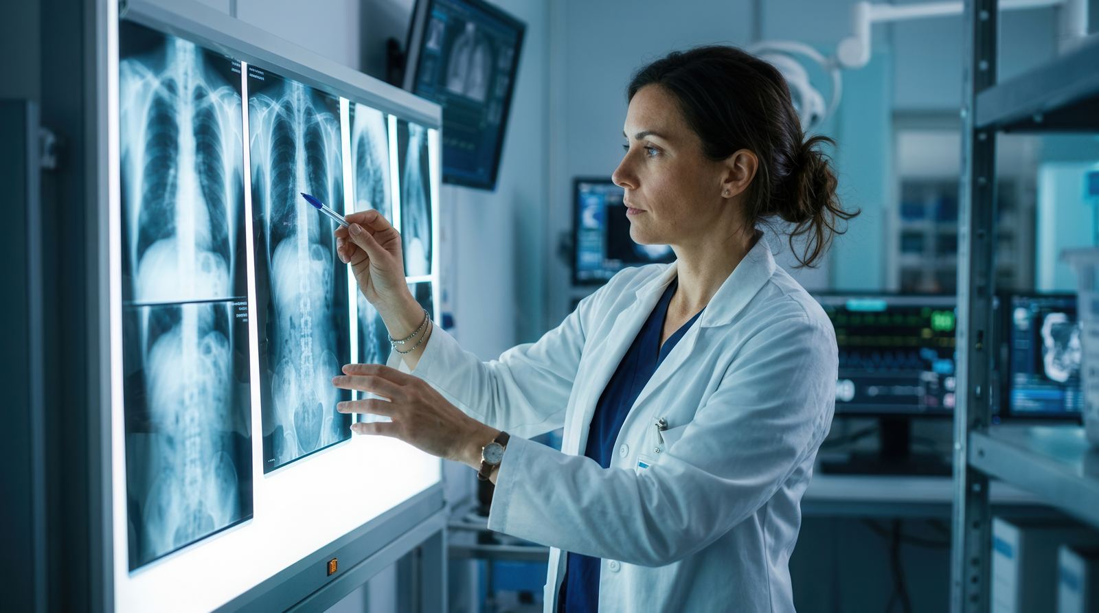 Clinician in a white coat pointing a pen at chest and spine radiographs on a light box in a diagnostic suite — Case Studies & Clinical Pearls 204: Thorax Conditions & Clinical Pearls online chiropractic CE course