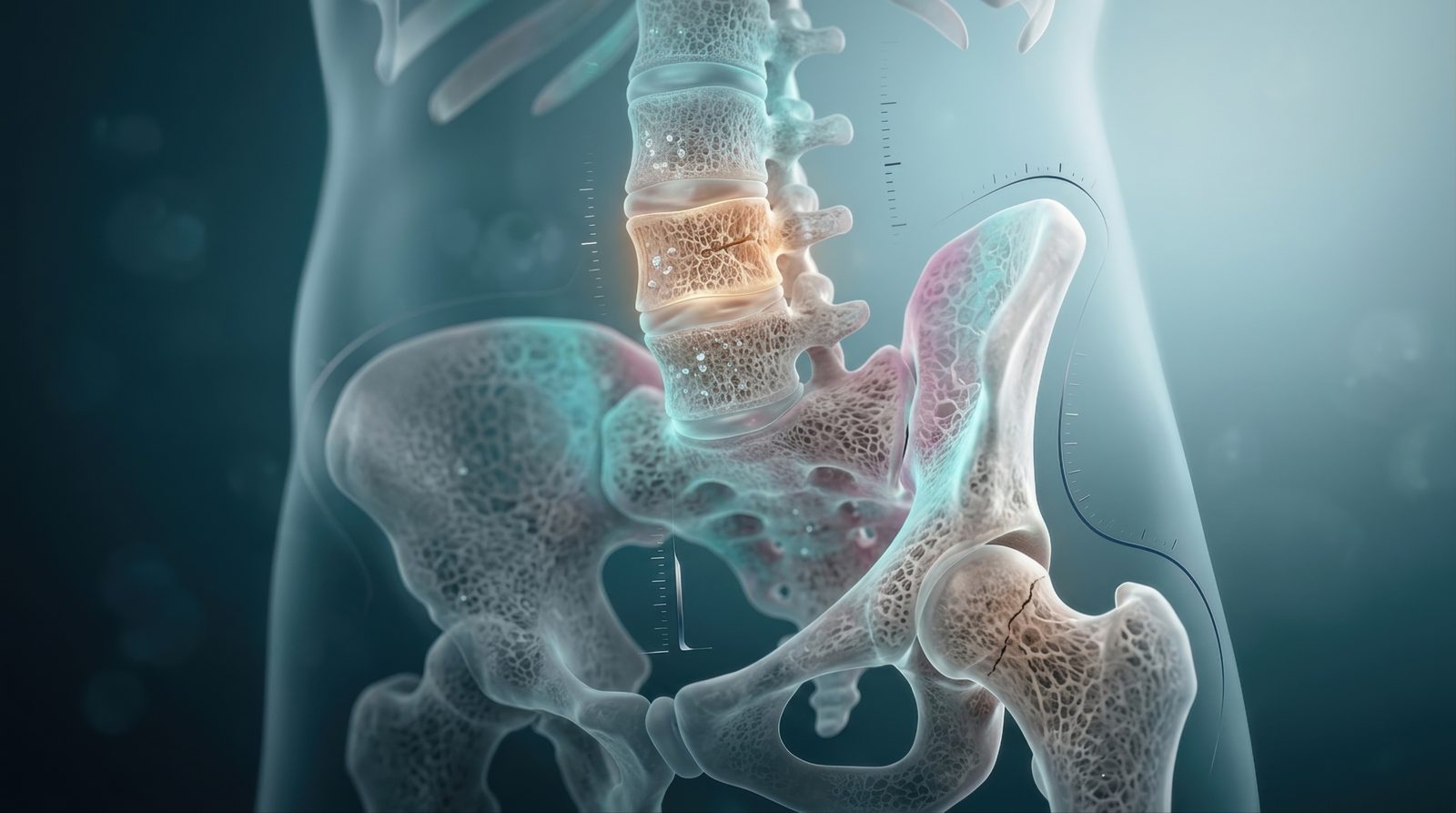 Three-dimensional anatomical render of the lumbar spine and pelvis with a lower lumbar vertebra highlighted in amber, fracture line visible — Case Studies & Clinical Pearls 211: Lumbar Spine Conditions II, online chiropractic CE course on disc sequestration, Modic changes, and instability