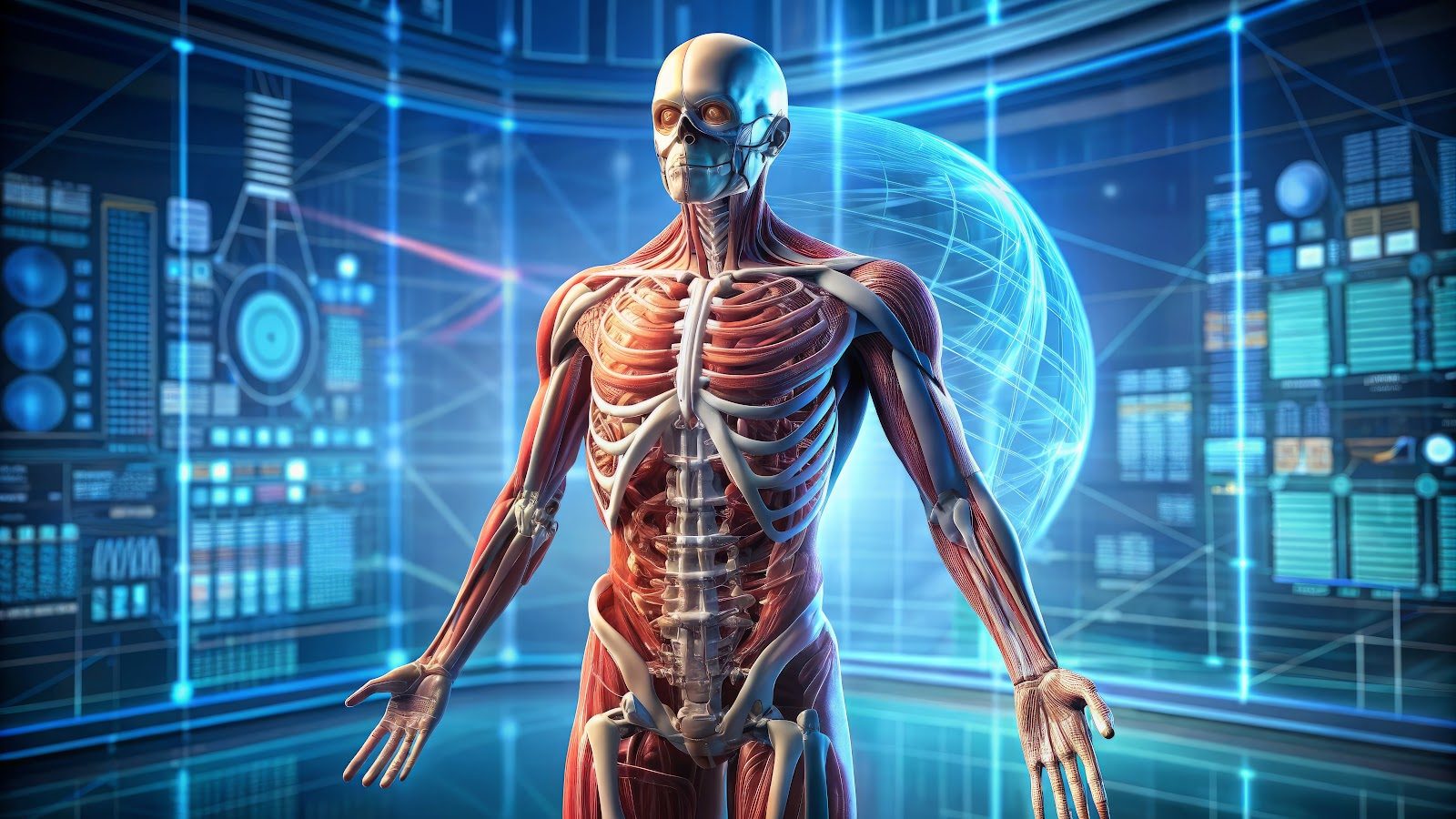 A futuristic 3D rendering of the human musculoskeletal system with muscles and bones exposed against a blue high-tech interface — the pain mechanisms and natural pain-management alternatives that Nutrition 232 teaches chiropractors to quantify and treat