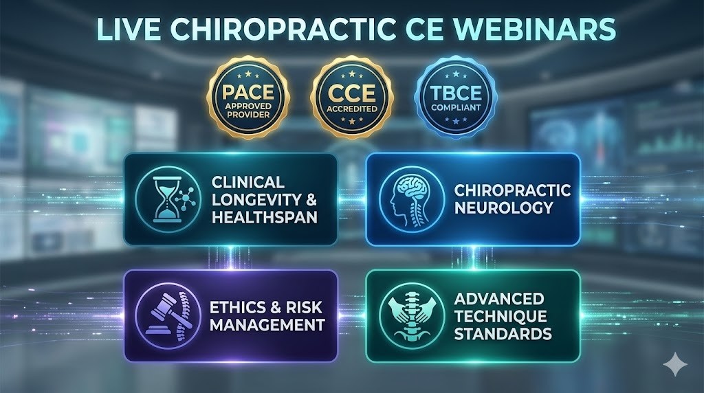 Live Chiropractic CE Webinars category graphic featuring PACE, CCE, and TBCE badges with topic cards for Clinical Longevity & Healthspan, Chiropractic Neurology, Ethics & Risk Management, Advanced Technique Standards, and Chiropractic Spinal Examination.
