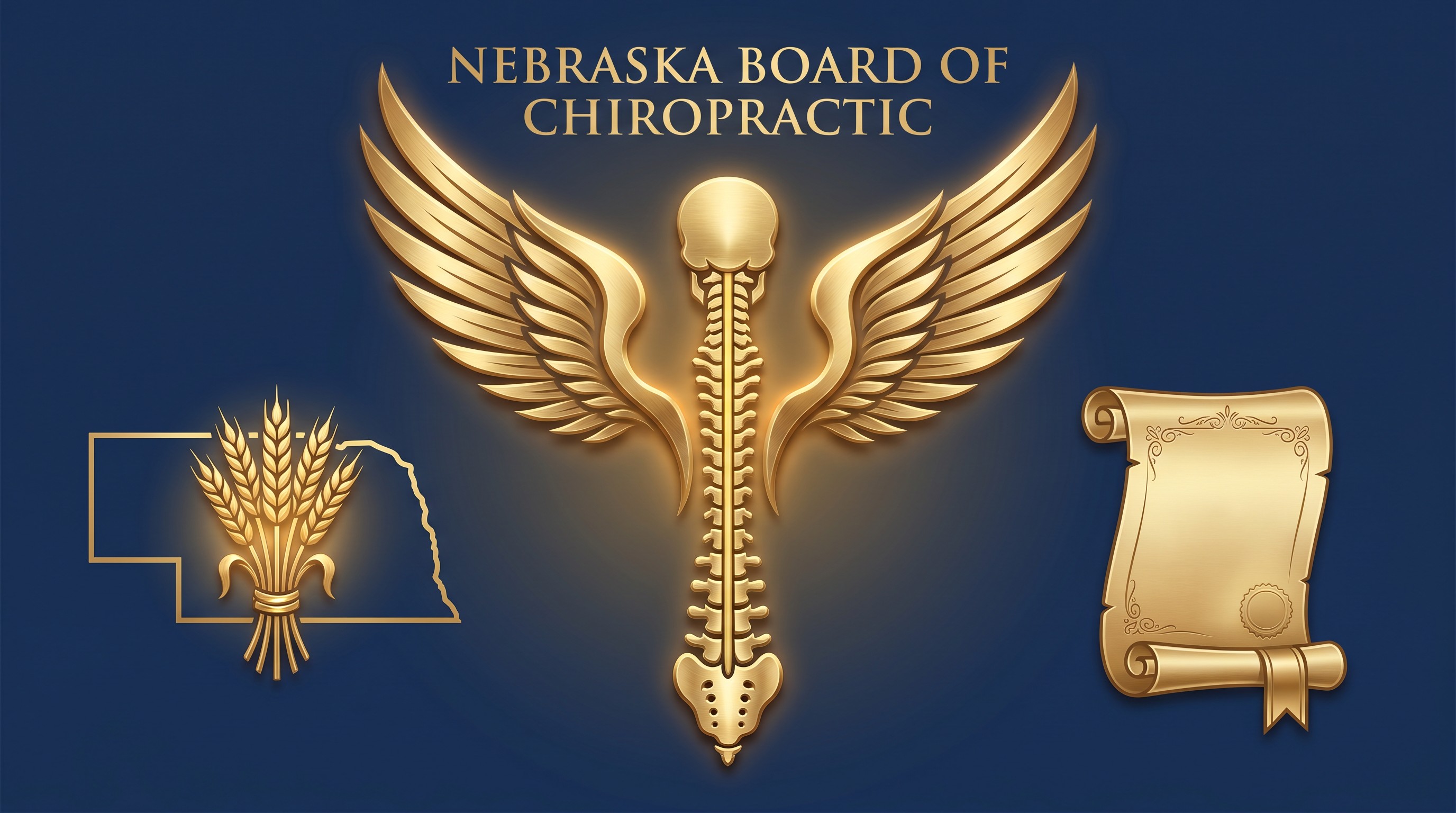 Nebraska Board of Chiropractic chiropractic continuing education hero graphic showing Nebraska state silhouette with golden sheaf of wheat agricultural emblem, golden chiropractic winged spine insignia, and certified chiropractic continuing education scroll on deep navy background