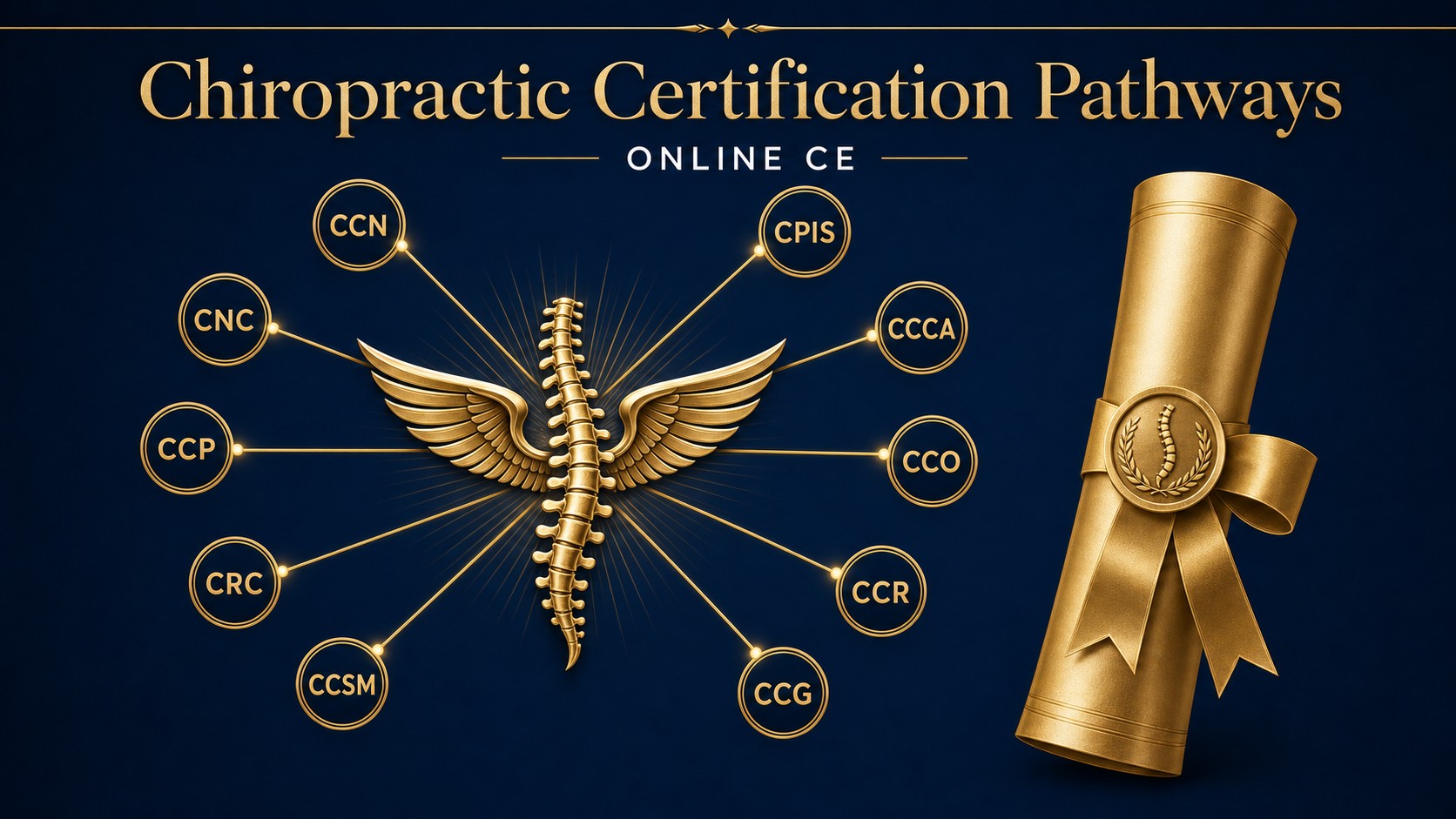 Chiropractic certification pathways hub — 10 online CE certification programs CCN CNC CCP CRC CCSM CPIS CCCA CCO CCR CCG