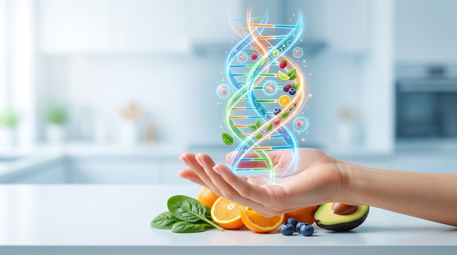 A hand holding a glowing DNA helix wrapped with fruit and vegetable icons above a kitchen counter of spinach, orange, avocado and blueberries — the food-to-biochemistry bridge that Nutrition 201 builds as the foundation of clinical nutrition for chiropractors