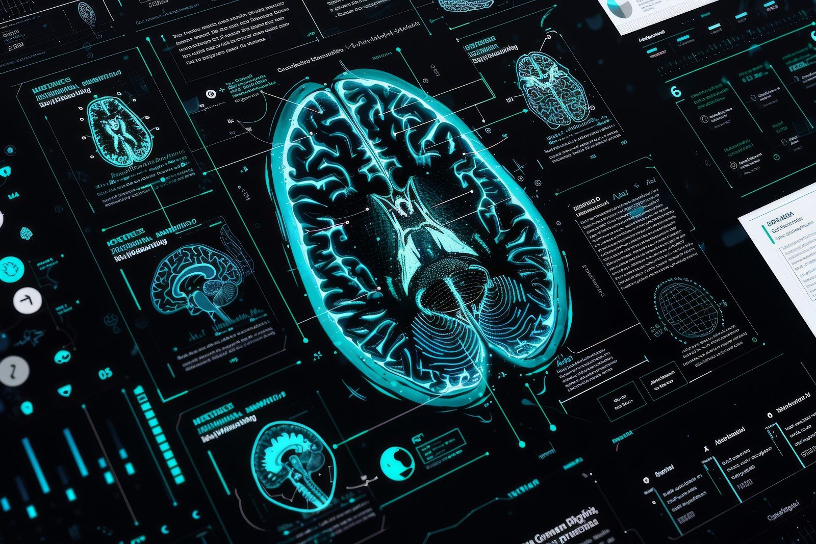 Dark teal clinical dashboard display showing a glowing wireframe axial cross-section of the brain with the cerebellum rendered at its base, surrounded by smaller brain scan panels and data readouts